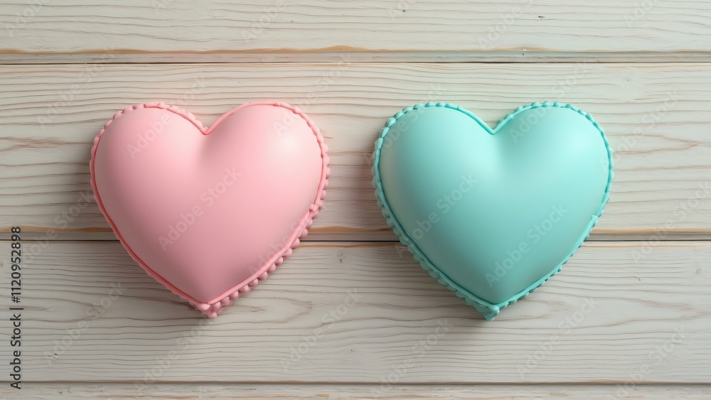 Adorable Pastel Pink and Turquoise Hearts on Wooden Background - Romantic Valentine's Day Decor Adorable Pastel Pink and Turquoise Hearts on Wooden Background - Romantic Valentine's Day Decor