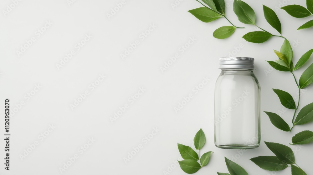 Clear Glass Jar Surrounded by Fresh Green Leaves on a Light Background for Eco-Friendly Themes Clear Glass Jar Surrounded by Fresh Green Leaves on a Light Background for Eco-Friendly Themes