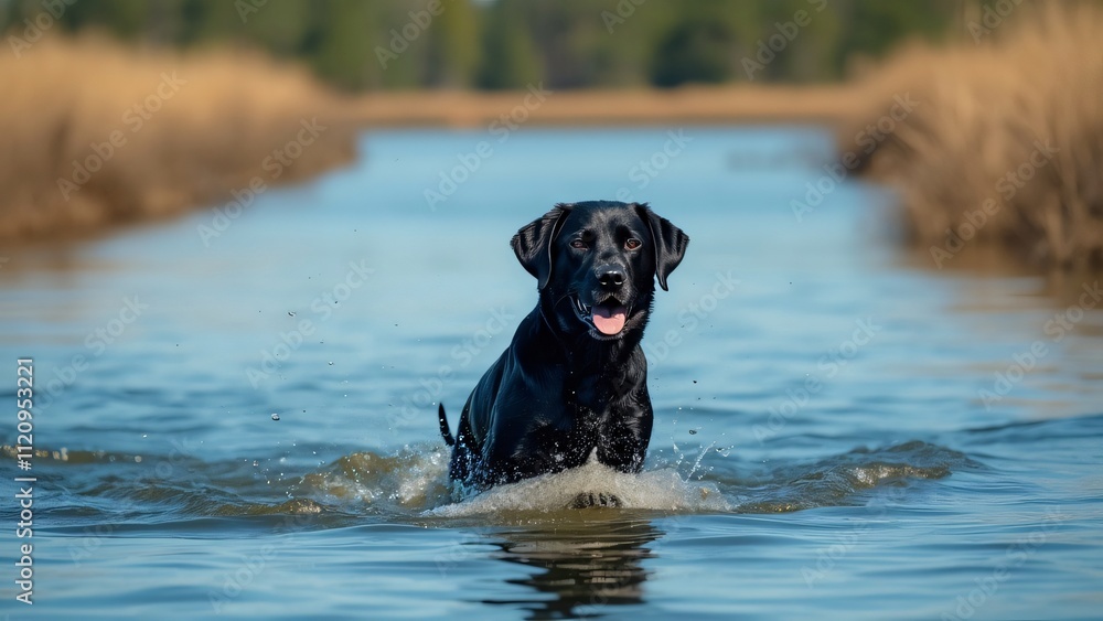 Joyful Black Labrador Retriever Swimming in Calm Lake Water, Wetland Scenery