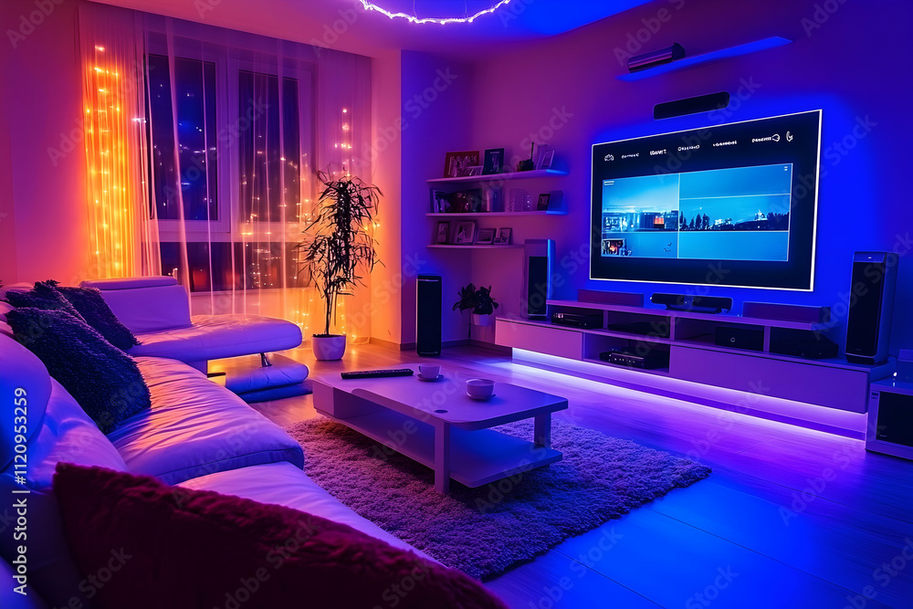 Modern living room with LED lights, large screen TV, and comfortable seating. Modern living room with LED lights, large screen TV, and comfortable seating.