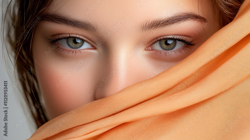 Close-up of a woman's face partially covered by an orange fabric. Close-up of a woman's face partially covered by an orange fabric.