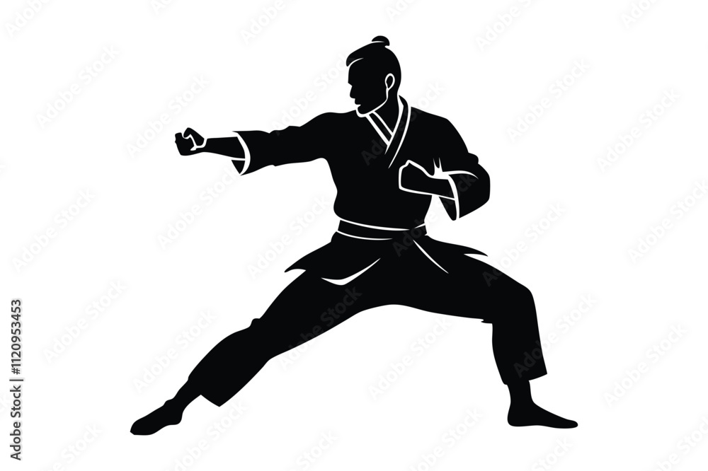 Karate fighter silhouette in sparring pose Karate fighter silhouette in sparring pose