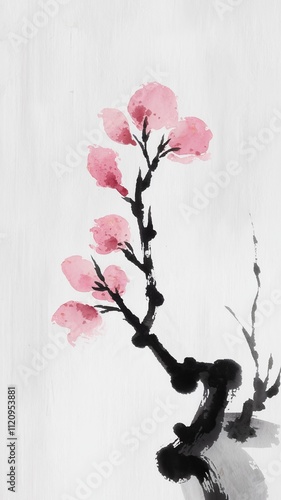 The beautiful traditional Chinese ink painting of a delicate pink and black Sakura blossom with soft purple petals, featured in a minimalist style on a white background, perfect for greeting cards