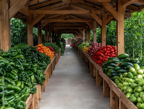 Pavilionstyle rural market built from reclaimed wood, with wide, shaded pathways for vendors and visitors photo