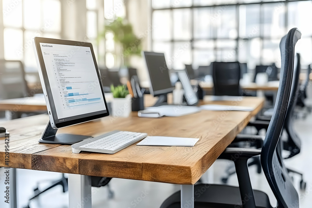 Modern office workspace with computer, keyboard, and data charts on a wooden desk. Modern office workspace with computer, keyboard, and data charts on a wooden desk.