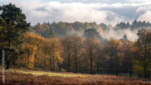 Autumn foliage creates vibrant colors in misty forest landscape