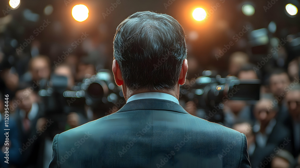 Speaker Addresses a Crowd, Facing Away in Spotlight Speaker Addresses a Crowd, Facing Away in Spotlight