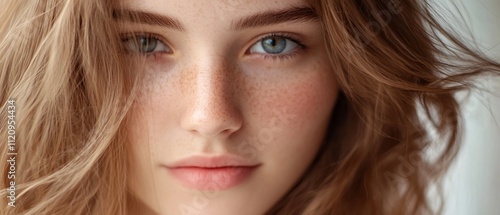 Close-up of a young woman with freckles and light brown hair.