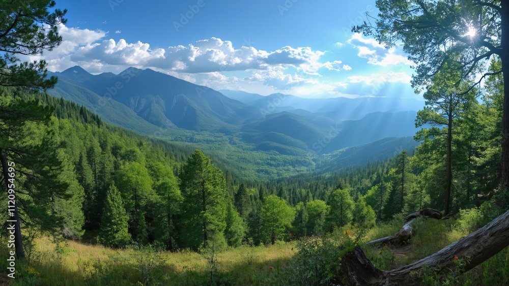 Fototapeta premium Stunning New Mexico Forest Landscape, Lush Green Valley, Majestic Mountains, and Azure Sky