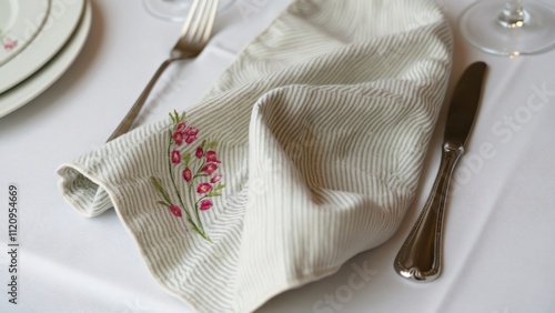 Elegant Striped Linen Napkin with Pink Heather Embroidery for Fine Dining Table Setting photo