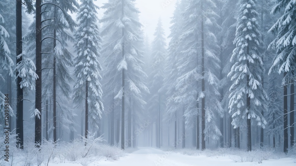 Naklejka premium Enchanted Snow-Covered Forest, Misty Winter Wonderland of Tall, White-Clad Trees