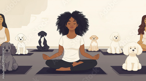 yoga class where a group of women meditates with adorable puppies, adding joy and calm to the experience