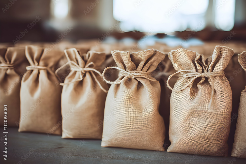 Rows of small burlap sacks tied with twine. Rows of small burlap sacks tied with twine.