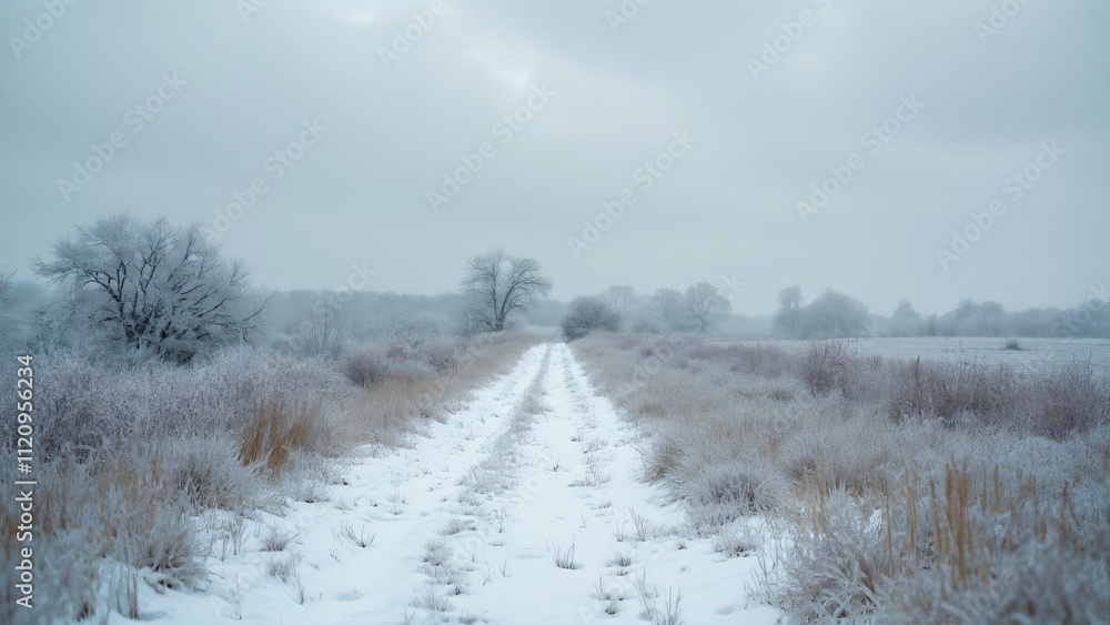 Fototapeta premium Serene Snowy Prairie Landscape, A Snow-Covered Path Through Frozen Grasses and Trees Under an Overcast Sky