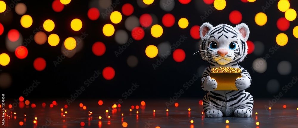 Cute tiger holding gold ingot with red and yellow lights festive scene close-up playful theme Cute tiger holding gold ingot with red and yellow lights festive scene close-up playful theme
