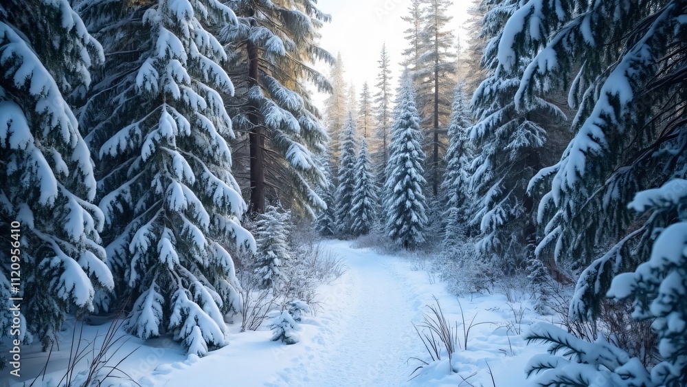 Fototapeta premium Serene Winter Wonderland, Snowy Pine Forest Path, Magical Winter Scene