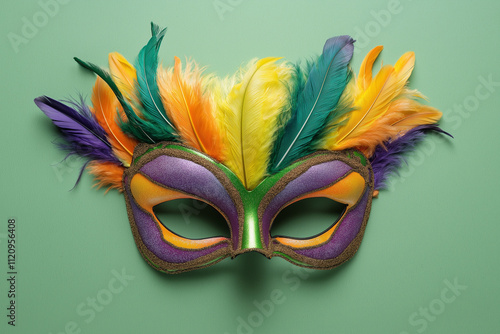 colorful Mardi Gras mask adorned with extravagant feathers rests on a dark green felt backgroundPerfect for Mardi Gras-themed visuals, event promotions, and cultural celebrations.banner photo