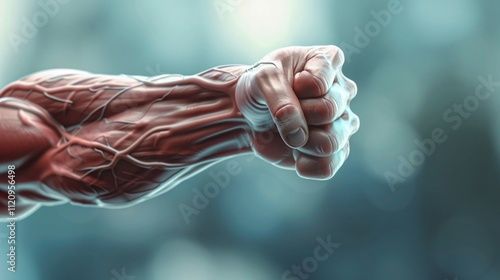 Muscular arm flexing with detailed veins and tendons visible, symbolizing strength and physiology, close-up view emphasizing muscle structure and human anatomy. photo