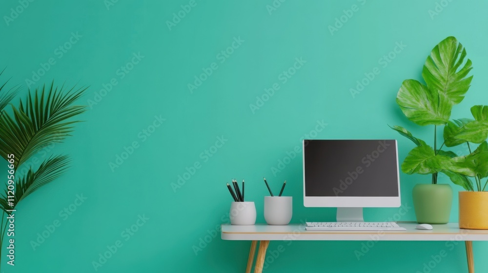 Modern Minimalist Workspace with Computer and Green Plants on Bright Teal Wall for Creative Inspiration Modern Minimalist Workspace with Computer and Green Plants on Bright Teal Wall for Creative Inspiration