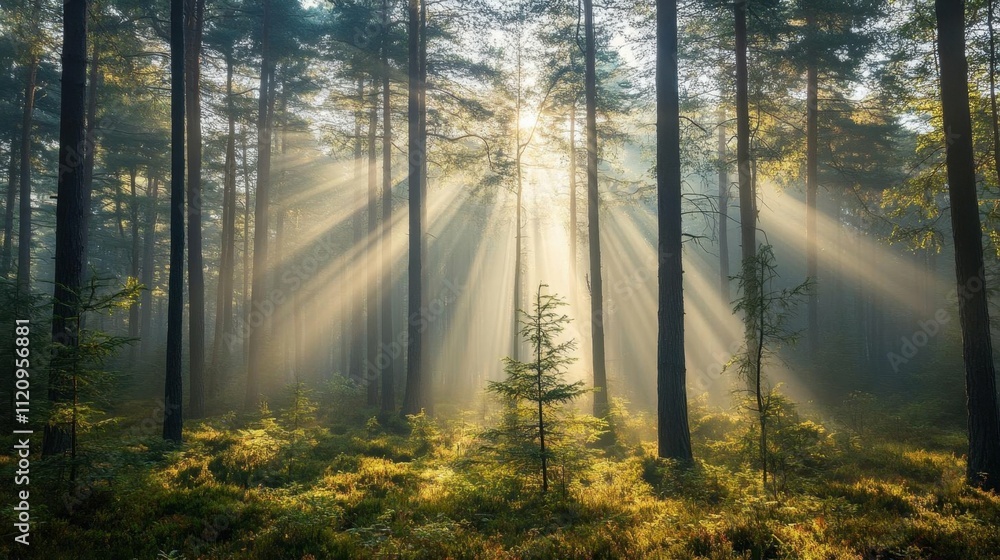 Sunlight streaming through trees in a serene forest setting. Sunlight streaming through trees in a serene forest setting.