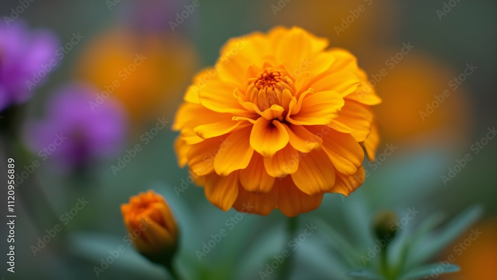 Vibrant Orange Marigold in Full Bloom, Macro Photography of Delicate Petals and Blurred Purple Background Vibrant Orange Marigold in Full Bloom, Macro Photography of Delicate Petals and Blurred Purple Background