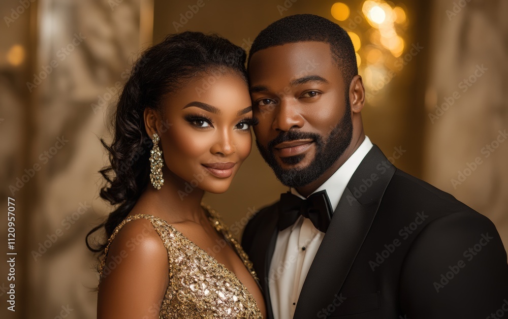 A captivating portrait of a stylish Black couple, elegantly dressed, exuding love and sophistication against a warm, blurred backdrop. A captivating portrait of a stylish Black couple, elegantly dressed, exuding love and sophistication against a warm, blurred backdrop.