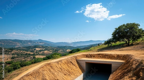 Earthsheltered market with natural insulation, built into a hillside, maintaining cool temperatures in hot climates photo