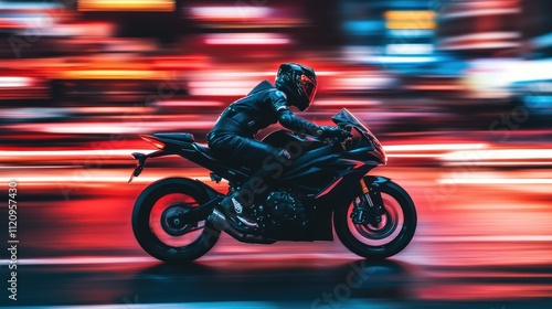 A motorcyclist speeds through a vibrant cityscape at night, creating a dynamic motion effect.