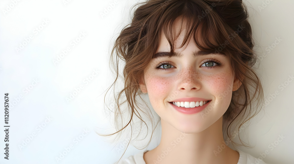 Smiling Woman with Freckles and Brown Hair, a Portrait of Youthful Beauty Smiling Woman with Freckles and Brown Hair, a Portrait of Youthful Beauty