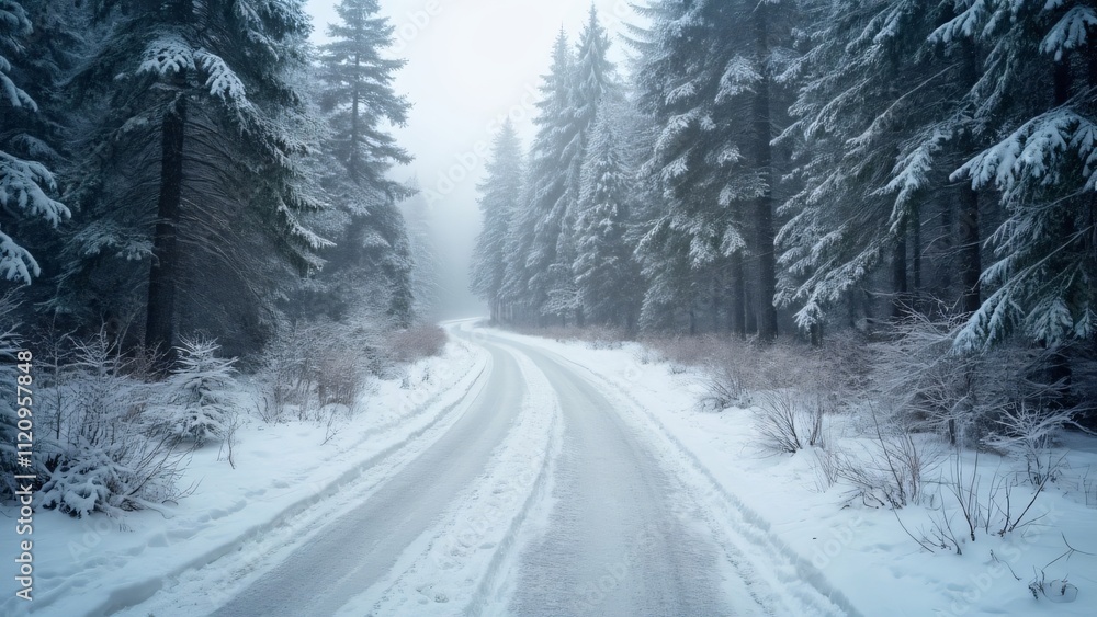 Panoramic Winter Wonderland, Snowy Path Winding Through a Picturesque Snow-Covered Pine Forest Panoramic Winter Wonderland, Snowy Path Winding Through a Picturesque Snow-Covered Pine Forest