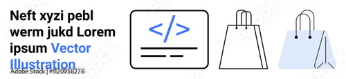 Text in black and blue, HTML code icon, shopping bags signify online business, e-commerce stores, website development. Ideal for online shopping, store design, web development, coding tutorials