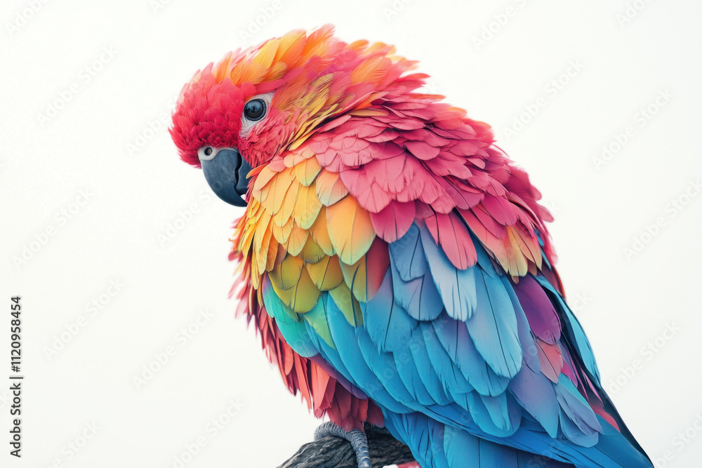 Obraz premium Vibrant multicolored parrot perched gracefully, showcasing its stunning red, yellow, blue, and green feathers against a plain background.
