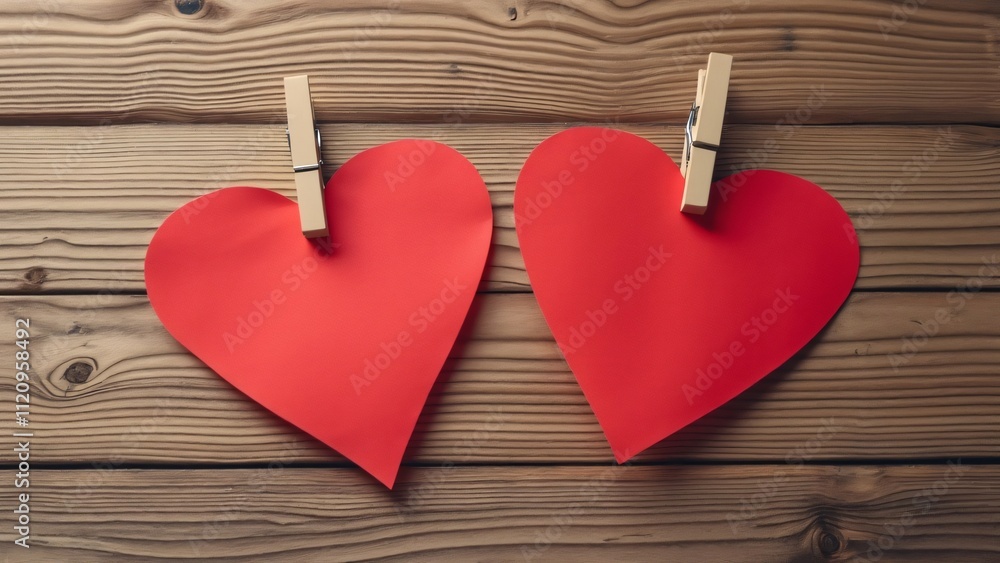Two Red Paper Hearts with Clothespins on Wooden Background - Valentine's Day Concept Two Red Paper Hearts with Clothespins on Wooden Background - Valentine's Day Concept