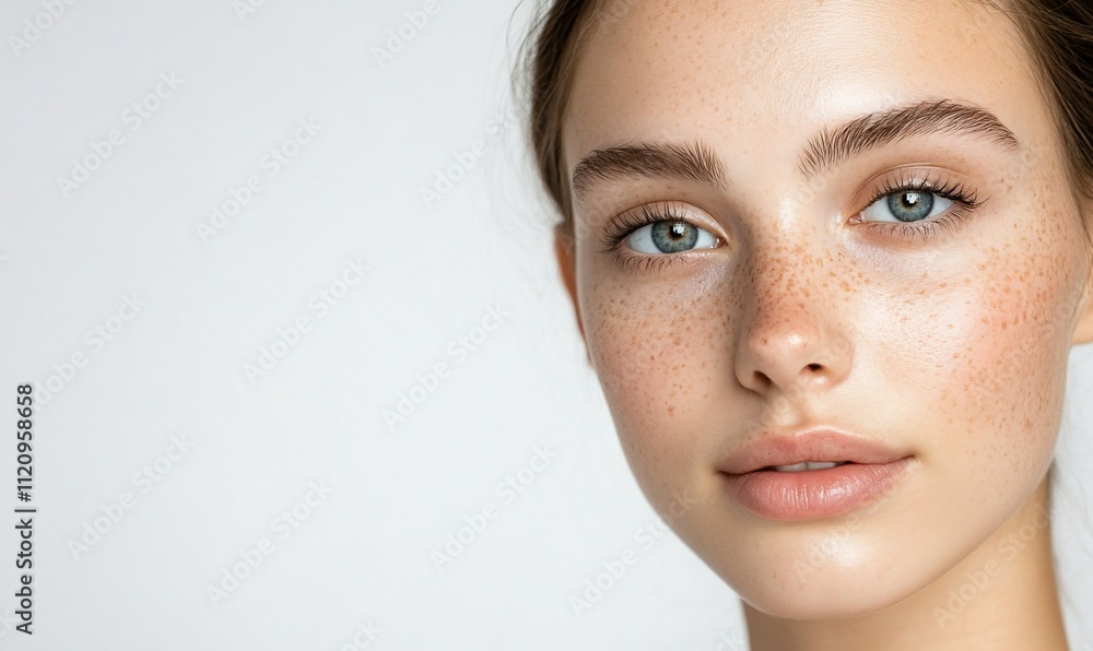 Close-up portrait of a young woman with freckles and natural beauty.