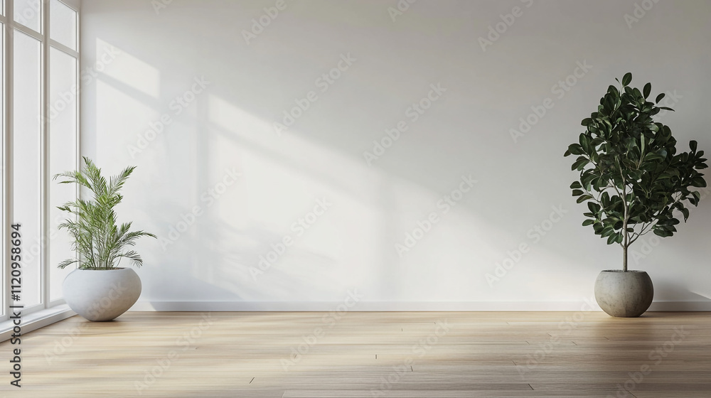 Bright Minimalist Room With Potted Plants and Wooden Floor. The clean, serene space embodies simplicity, tranquility, and nature, perfect for modern interior design inspirations. Bright Minimalist Room With Potted Plants and Wooden Floor. The clean, serene space embodies simplicity, tranquility, and nature, perfect for modern interior design inspirations.