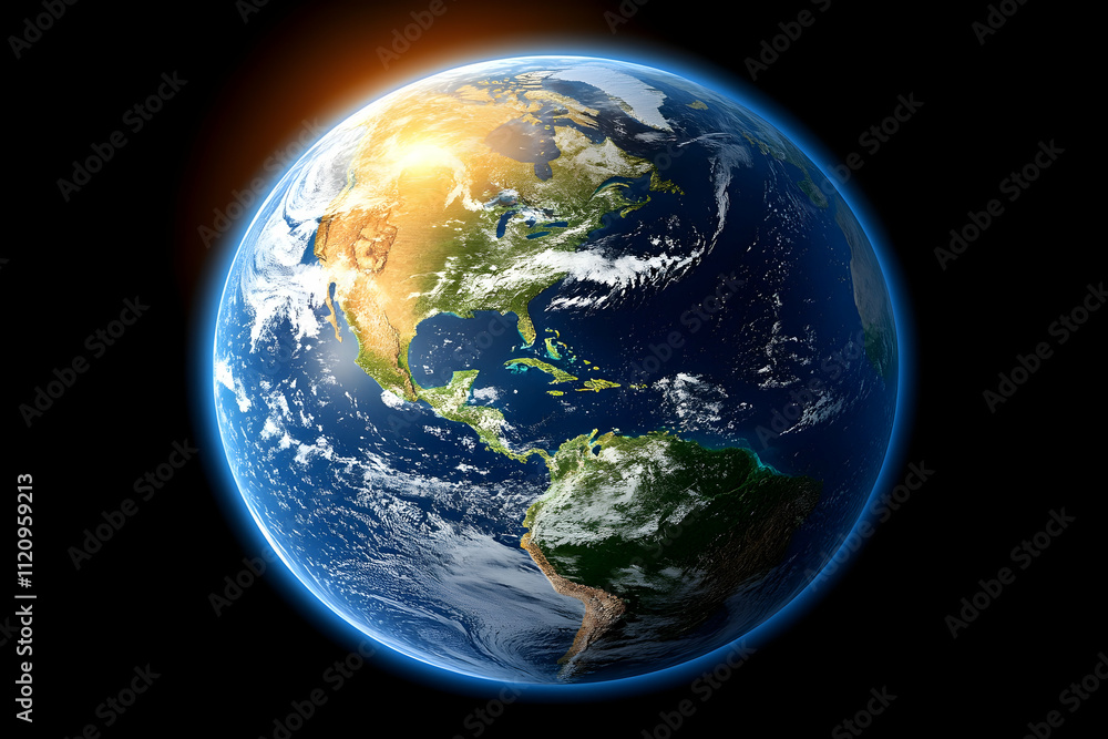 Sunrise over Earth, showing North and South America, clouds, oceans, and landmasses. Sunrise over Earth, showing North and South America, clouds, oceans, and landmasses.