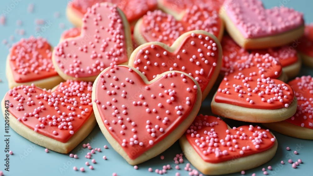 Elegant Pile of Heart-Shaped Sugar Cookies with Red Frosting and Pink Sprinkles on Light Blue Background. Valentine's Day Baking, Sweet Treats, Festive Dessert Elegant Pile of Heart-Shaped Sugar Cookies with Red Frosting and Pink Sprinkles on Light Blue Background. Valentine's Day Baking, Sweet Treats, Festive Dessert