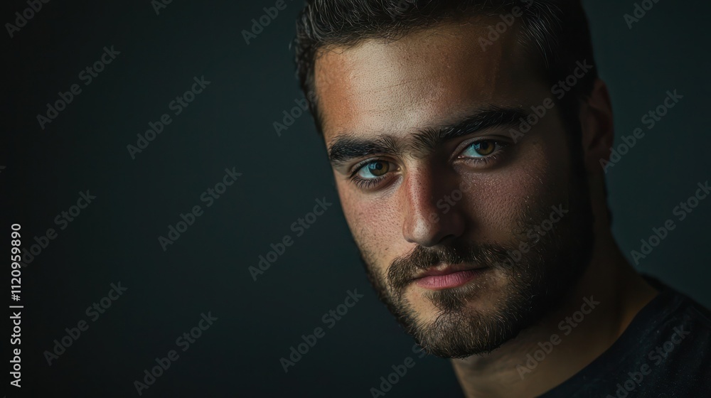 Close-up studio portrait of a man with dramatic lighting and a dark backdrop Close-up studio portrait of a man with dramatic lighting and a dark backdrop