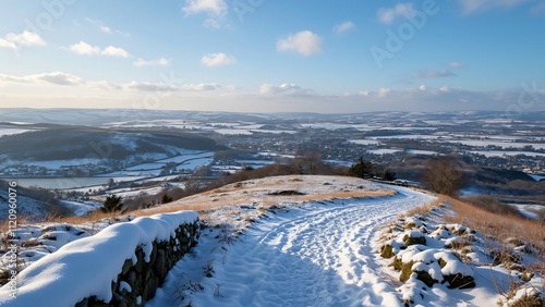 Stunning Panoramic Winter View from Eyam Hilltop, Snow Covered Yorkshire Landscape, Breathtaking Scenery photo