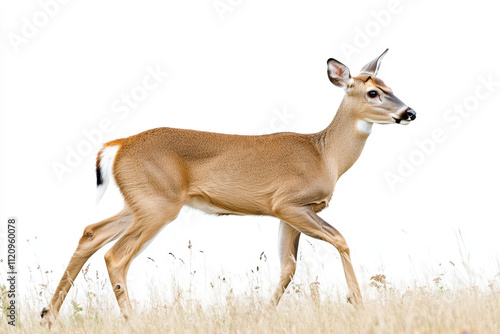 A graceful deer strides through a meadow, its sleek brown coat contrasting against the bright white background. photo