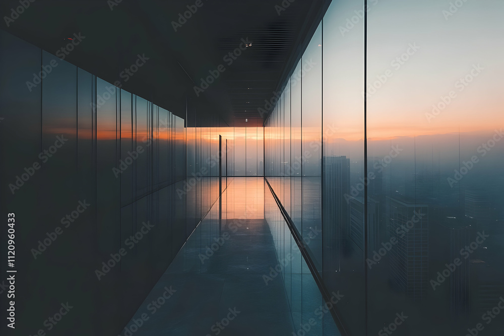 Sunset view from a modern office corridor with glass walls. Sunset view from a modern office corridor with glass walls.