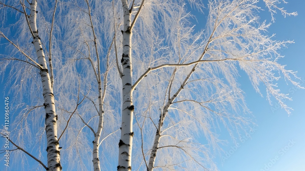Fototapeta premium Stunning Frost-Covered Birch Trees Against a Vivid Blue Winter Sky, A Breathtaking Winter Wonderland Scene