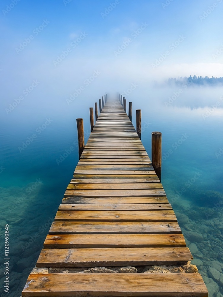 Fototapeta premium Wooden Dock Reaching Into Misty Lake Surrounded by Peaceful Scenery