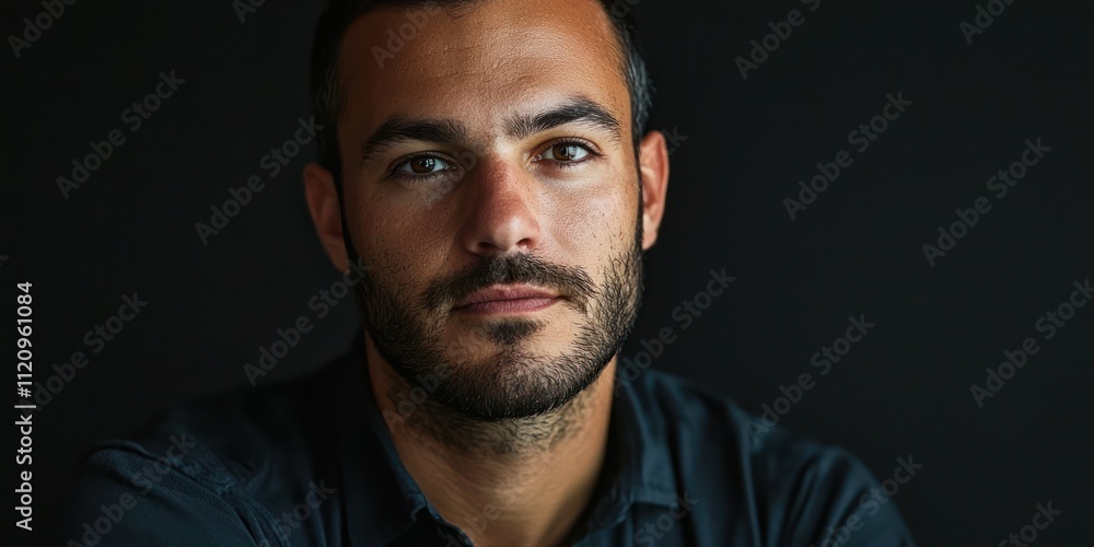 Close-up studio portrait of a man with dramatic lighting and a dark backdrop Close-up studio portrait of a man with dramatic lighting and a dark backdrop