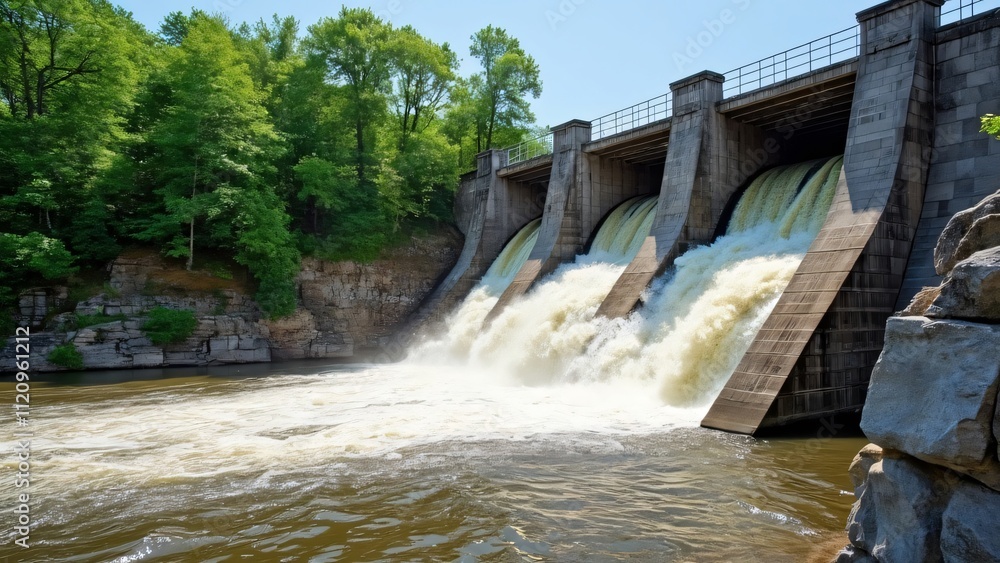 Majestic Mississippi River Dam, Wide Shot of Waterfall cascading over Concrete Structure in Victoria, Iowa Majestic Mississippi River Dam, Wide Shot of Waterfall cascading over Concrete Structure in Victoria, Iowa