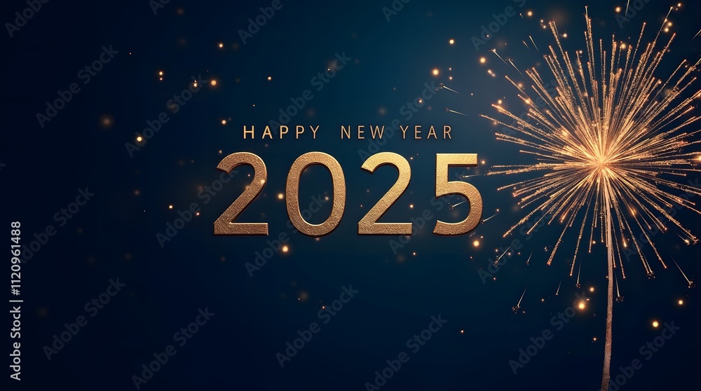 Happy New Year 2025! Celebrate the arrival of the new year with this stunning firework display. Gold numbers and sparkling lights create a festive atmosphere.