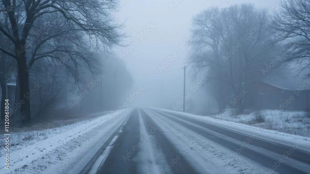 Fototapeta premium Serene Yet Ominous Foggy Winter Road, Snow-Covered Country Lane, Mist-Shrouded Trees, Isolated and Peaceful Winter Landscape Photography
