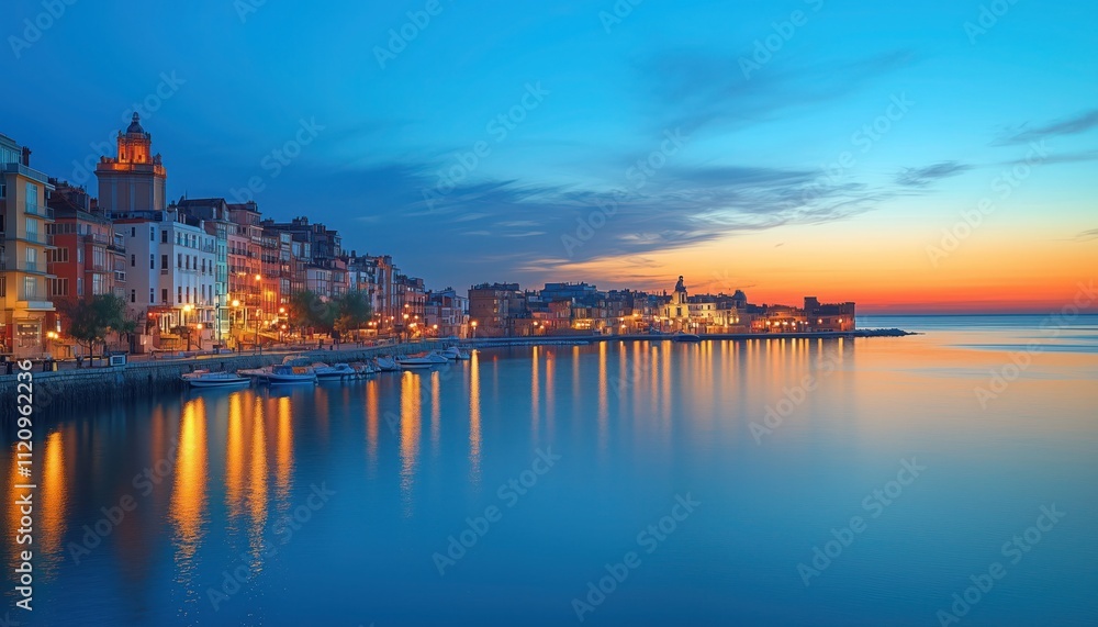 Serene Coastal Cityscape at Dusk with Boats and Evening Glow Serene Coastal Cityscape at Dusk with Boats and Evening Glow