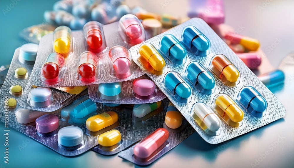 Pile of colorful medicine pills and capsules in blister packs. pills and capsules. Pile of colorful medicine pills and capsules in blister packs. pills and capsules.