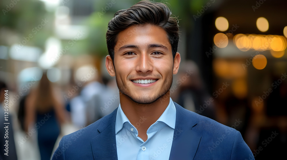 Confident Man Smiles, Dressed in Blue Suit, City Background Confident Man Smiles, Dressed in Blue Suit, City Background